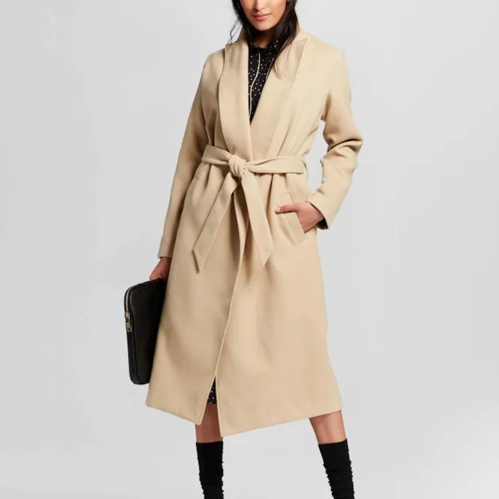 Who What Wear Large L Camel Tan Faux Wool Belted Wrap Style Trench Long Coat